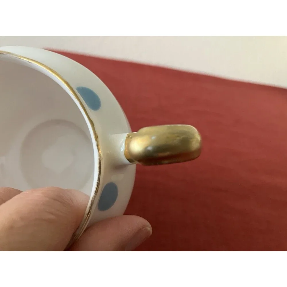 Vintage 1960s Royal Vale Bone China Blue & White Polka Dot Creamer Gold Trim